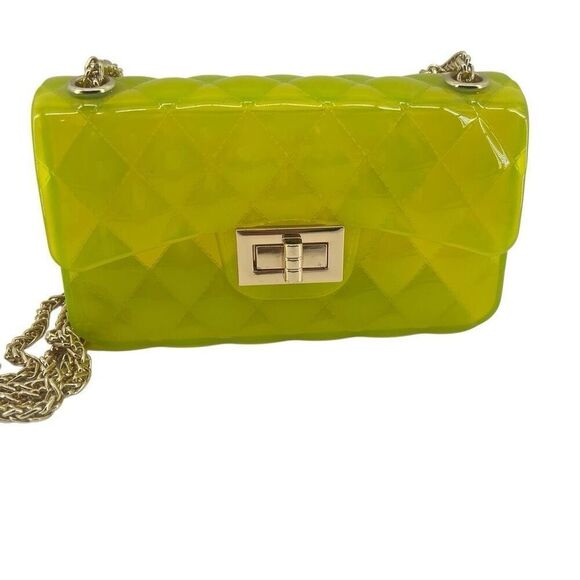 Women’s Neon Yellow Twist Lock Jelly Quilted Crosssbody Shoulder Bag Small - Picture 1 of 14